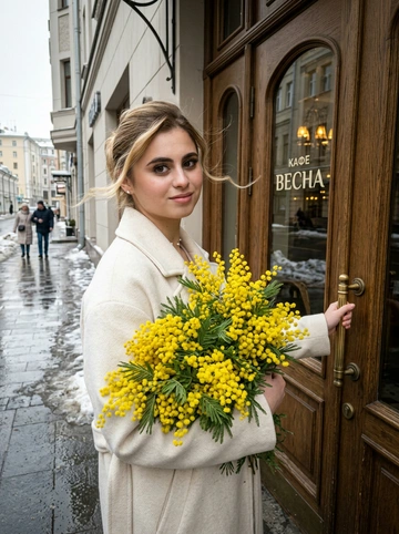 Сохранить черты лица и внешность, возраст, натуральный тон без ретуши. Средне-крупный план (от талии вверх), камера слева от женщины, лицо занимает не менее 35% кадра. Женщина стоит у входа в городское кафе с деревянной дверью и стеклянными вставками, корпус слегка развернут в 3/4 к камере. Лицом к двери, одной рукой держит ручку закрытой двери, другой прижимает к груди огромный пышный букет ярко-жёлтой мимозы. На ней элегантное светлое пальто (молочный оттенок), свободный крой. Волосы как на исходном фото слегка взъерошены ветром Мягкое выражение лица, лёгкая улыбка, взгляд в камеру. Атмосфера начала весны: тающий снег по краям улицы, влажный асфальт, мягкий рассеянный дневной свет, лёгкая прохлада в воздухе. Цветовая палитра нейтральная с ярким акцентом жёлтой мимозы. Фотореализм, натуральная текстура ткани и цветов, без HDR, без пластика, мягкий контраст, 35mm look.