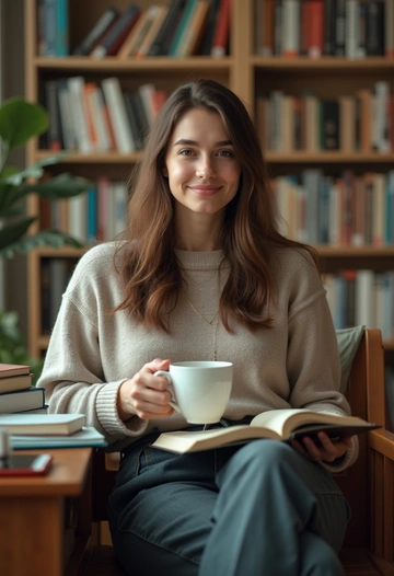 Женщина учительница сидит в школьной библиотеке с чашкой чая и книгой. Она слегка улыбается, глядя в камеру. Вокруг стеллажи с книгами и мягкий свет. Крупный план, образ доброй наставницы.
