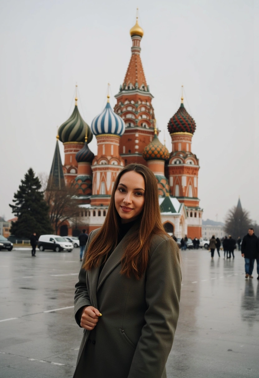 Женщина в пальто стоит на фоне Собора Василия Блаженного, смотрит прямо в камеру, вокруг зимняя атмосфера