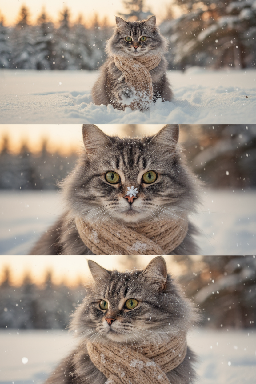     Коллаж из 3-Х фото моего питомца на зимнем фоне в снегу. Питомец в вязаном шарфе, вокруг падает снег, на заднем плане заснеженный лес.

Первый кадр — питомец в полный рост. Он играется со снегом 

Второй кадр — крупный план, увеличенный кадр мордочки питомца с одной снежинкой на носике. Мордочка питомца занимает весь кадр, взгляд прямо в камеру 
 
Третий кадр - портрет питомца, он смотрит в левую сторону. На фото виден шарф, на шарфу есть снежинки 

Три кадра объединены в вертикальный коллаж в едином тоне и свете. Атмосфера — реалистичная, теплая и немного кинематографичная.
Свет мягкий, утренний.  Цвет шарфа - бежевый 
