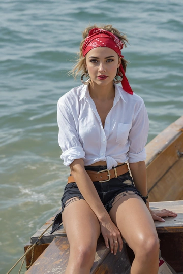 Женщина-пират сидит на краю лодки у кромки воды, одета в короткую белую рубаху с приспущенными рукавами, рваные тёмные шорты, кожаную повязку на поясе, волосы в легком беспорядке, алый платок на голове, босые ноги, крупные серьги, смотрит в камеру, средний план, вокруг вода и песок.