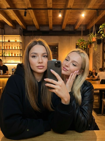     A hyper-realistic close-up portrait of two young female friends taking selfies in a modern bar with industrial chic. 

Subject 1: Long brown straight hair, wearing a black voluminous hoodie, straight posture. 
Subject 2: Blonde hair, wearing a black leather jacket, slightly tilting her head to the left, playfully placing her manicured fingers on her cheek. 

They are sitting close to each other, their shoulders touching, and the atmosphere is intimate and comfortable. 

Setting: In the background, there are wooden ceiling beams, open shelves with glowing bottles, warm spotlights, hanging decorative plants, and blurred patrons and tables in the distance. 

Lighting and details: Warm amber lighting that creates a golden halo on the hair, soft frontal fill light on the faces. Natural skin texture, visible pores, soft satin finish, natural evening makeup, wing-shaped eyeliner, and nude-pink lips. 

Style: Cinematic photography, f/1.8 depth of field, soft bokeh, warm color reproduction, 35mm film grain, 8k resolution, and a cozy evening atmosphere. --ar 4:5