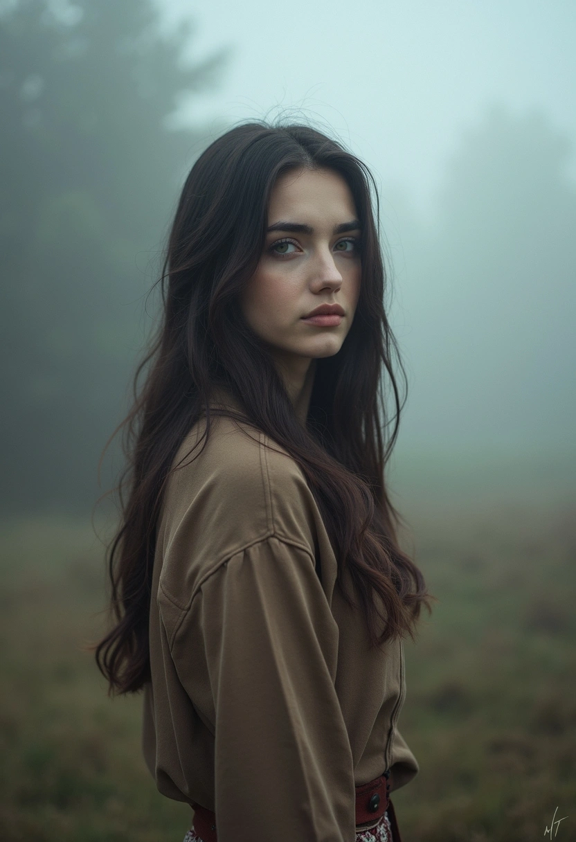 Қалың тұман арасында тұрған жас әйел камераға қарап тұр. Оның шашы жұмсақ бөлінген, ал киімі қарапайым, табиғи түсте. Жұмбақтылық пен тыныштық сезімі басым. Артқы фонда ағаштар мен тұман. Табиғи жарық, эмоционалдық байланыс ерекше көрінеді.