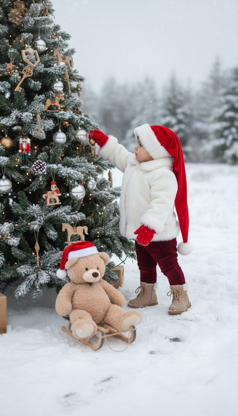 Создайте фотографию ребёнка. Ребенок перед елкой. Ребёнок вешает новогоднюю игрушку на елку. Стоит на носочках. Рядом с ним плюшевый медведь, сидящий на деревянных санках перед ним. Поза спокойная и мягкая, тело чуть наклонено вперёд. Одна нога немного согнута в колене. На елки игрушечные лошадки, оловянные солдатики, щелкунчик, золотой ключик из сказки Буратино, гирлянда и новогодние шары. На ребенке длинная, непропорционально большая красная шапка в стиле Санта-Клауса, доходящая до бёдер, и белое зимнее пальто или куртка с отделкой и подкладкой из белого меха или шерпы на воротнике, манжетах и ​​спереди. На нём тёмно-красные/бордовые бархатные или тёплые тканевые брюки и красные варежки. Бежевые замшевые ботинки со шнурками. На земле лежит свежий снег с дорожкой от санок и следов от ботинок, а размытые деревья (ели) на заднем плане создают мягкую глубину. Рассеянное освещение навевает мысли о пасмурном зимнем дне, а общий тон изображения создаёт волшебную и игривую атмосферу. Сохраните черты лица человека на представленной фотографии такими, какие они есть.