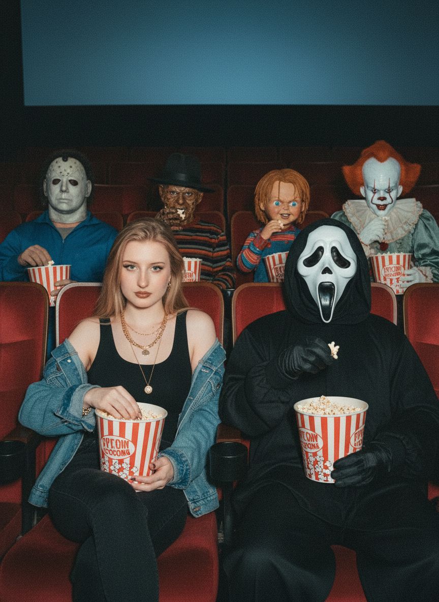 Создайте фотографию меня и Ghostface, сидящих рядом друг с другом и пьющих попкорн. Майкл Майерс, Фредди Крюгер и Чаки сидят в одном ряду позади нас, а Джейсон и Пеннивайз сидят в двух рядах позади нас в кинотеатре и едят попкорн. На ней изящные золотые украшения, включая изящные золотые ожерелья. На мне чёрная майка, свободная джинсовая куртка, свисающая с плеча, и чёрные джинсы. Её макияж простой, но гламурный: коричневый блеск для губ и коричневый карандаш для губ. Фотография должна быть в стиле 90-х с зернистым эффектом. Моё лицо должно быть точно таким же.