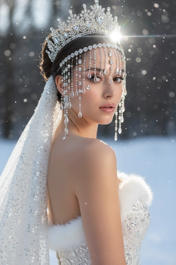Черты лица и особенности внешности девушки должны быть точно воспроизведены с референсной фотографии. Создайте реалистичный портрет крупным планом (поза через плечо) в сверхвысоком студийном фото. Портрет женщины с аккуратными волосами и укладкой.  

**Наряд/Реквизит:** Сложнейший, тяжелый серебряный головной убор/корона со стразами, с крупными свисающими кристаллическими каплями, покрывающими лоб и виски, и подходящая, густо расшитая пайетками или стразами белая свадебная фата, закрепленная на ниже затылка. На ней белое платье без бретелек из такой же ткани, густо расшитое пайетками или стразами. По краю платья есть белая меховая окантовка. Открытые плечи, что предполагает платье без бретелек.

**Макияж:** Сияющая, чистая и увлажненная кожа. Нежные розовые тени для век, выразительные ресницы, лёгкий белый блик во внутренних уголках глаз и под ними, а также глянцевые, нежно-розовые губы. Два маленьких, светоотражающих каплевидных страза или блестящих элемента под внешним уголком каждого глаза.

Поза:** Взгляд через правое плечо в камеру мягким, но при этом пристальным и соблазнительным взглядом. Её обнажённые плечи и профиль замысловатого головного убора выделяются.

**Освещение:** Резкий, драматичный, контрастный свет сбоку/сзади (контурный свет), создающий яркий, интенсивный блик (блик объектива/эффект мерцания), который подчёркивает блеск и сверкание стразов и пайеток на слегка затенённом лице. 

**Фон:**
Зимний размытый фон со снежинками. **Камера:**
Снято на высококлассную среднеформатную камеру
(например, Hasselblad X2D 100C или Fujifilm GFX
100S) с макрообъективом 120 мм f/4, что обеспечивает исключительную четкость каждого страз, пайеток и текстуры кожи, широкий динамический диапазон и блестящий, модный редакционный результат. 

**Эффект:**
Подчеркивает исключительную роскошь, неземную красоту, резкий контраст и сверхдетализированный блеск.