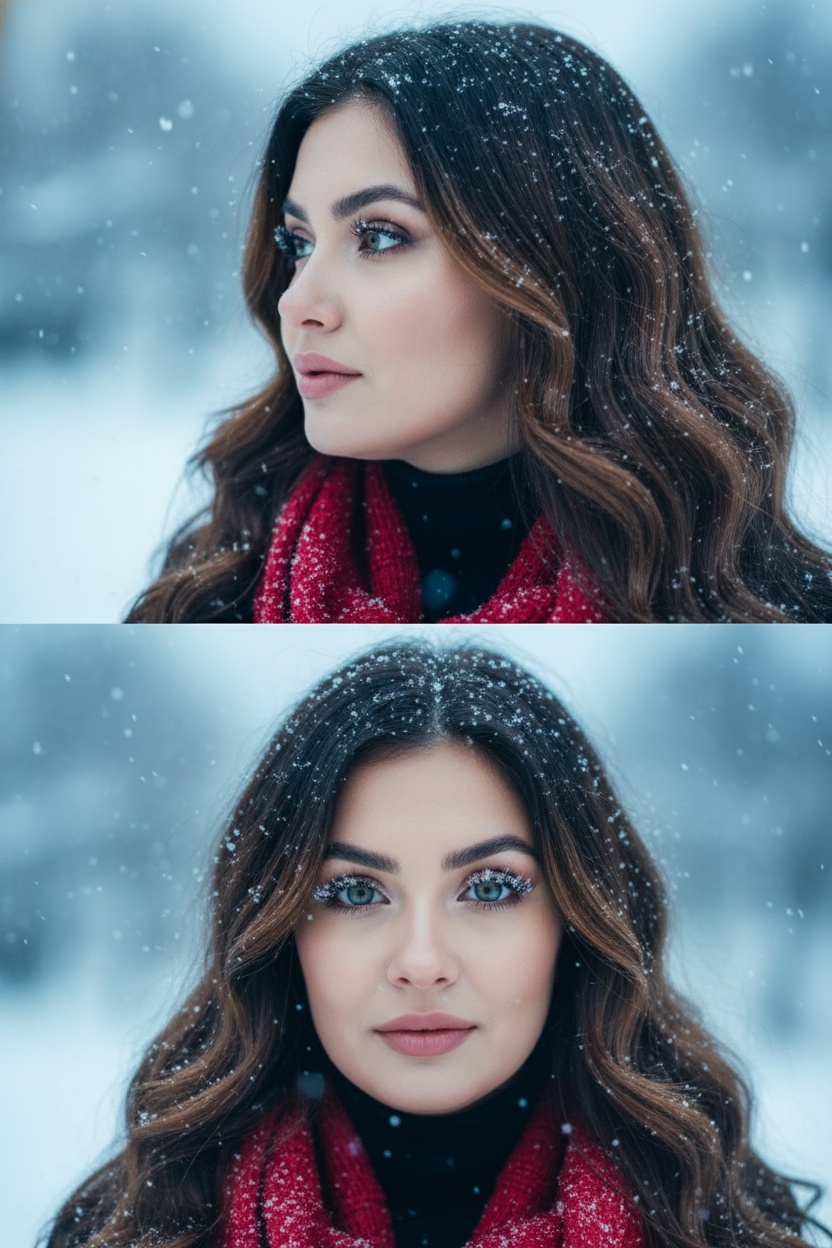 Создай коллаж из двух кадров человека, снятых крупным планом на улице зимой. Камера расположена близко, чтобы в кадре были видны лицо, шея и часть одежды. Главный акцент — на лице, глазах и снежинках, которые легли на волосы и ресницы.

Освещение мягкое, естественное, как в пасмурный зимний день. Вокруг падает лёгкий снег, отдельные снежинки чётко видны в воздухе и на коже. Фон — мягко размытый, с холодными оттенками (бело-голубой, серо-синий).

Первый кадр — человек смотрит в сторону, выражение мягкое, задумчивое, естественное. Крупный план лица, видно часть красного шарфа.
Второй кадр — прямой взгляд в камеру, нейтральное или лёгкое выражение лица, ресницы в снегу. Крупный план лица, видно часть красного шарфа.

Кожа чистая и естественная, без ретуши, текстура лица и губ сохранена. Фото выглядят как профессиональная зимняя портретная съёмка крупным планом, с эффектом свежести и спокойствия.

Оба кадра объединены в вертикальный коллаж в едином тоне и свете. Атмосфера — реалистичная, теплая и немного кинематографичная.