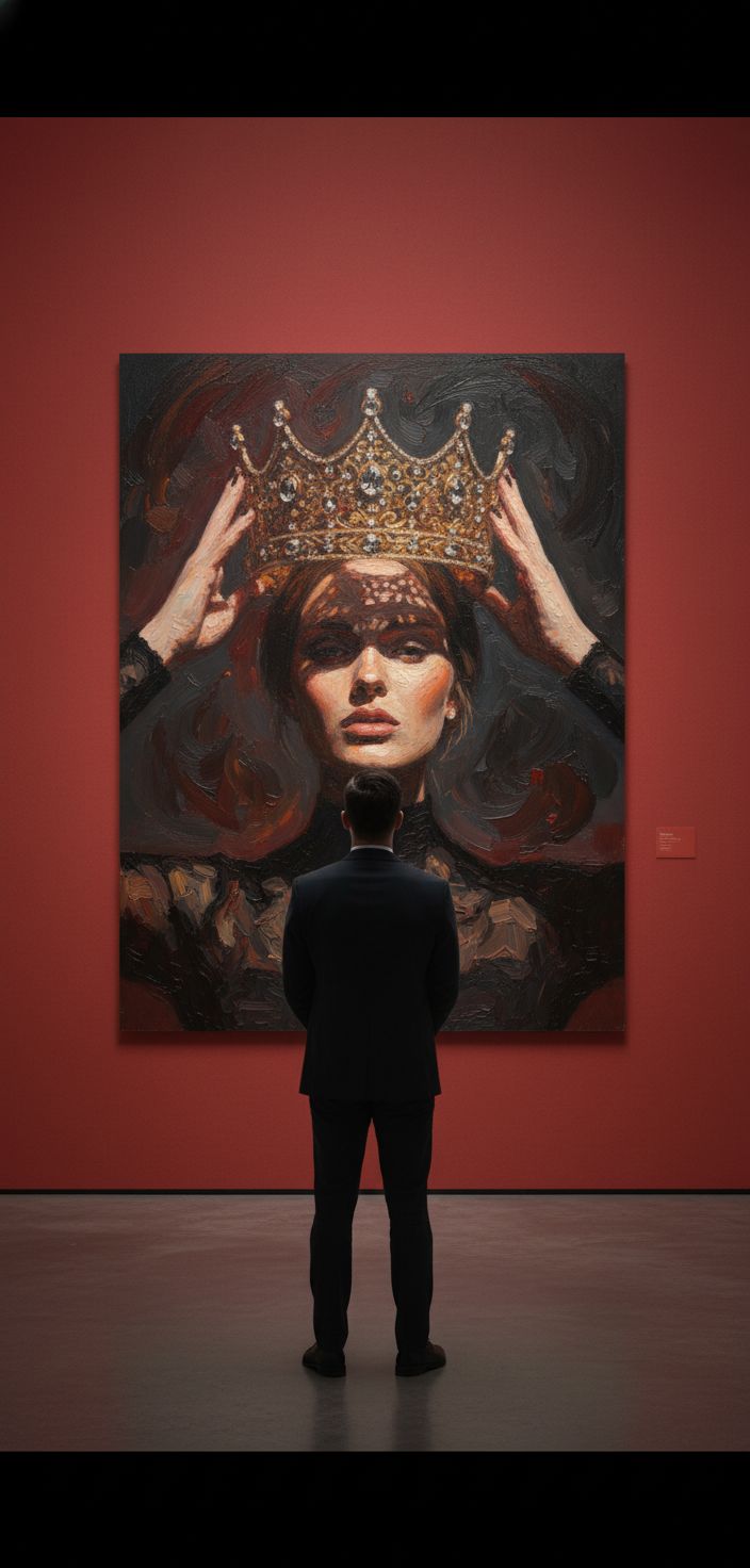 Создай сцену в галерее современного искусства, используй прилагаемое изображение лица и внешности человека, не меняя черты лица. На стене висит большой портрет человека маслом. Её лицо и верхняя часть тела написано в реалистичной, экспрессивной манере масленной живописи с текстурированными мазками и приглушенными цветами. Чистая красная стена галереи создаёт профессиональную атмосферу выставки благодаря мягкому освещению, освещающей произведения искусства. Перед картиной с видом сзади, стоит мужчина рассматривая картину, что придаёт сцену кинематографическое и таинственное настроение.