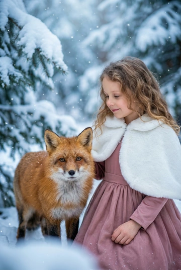 Профессиональная детская фотосессия в зимнем лесу. Не меняй внешность, пол, возраст и черты лица ребенка, представленного на фото. Девочка одета в пыльно-розовое платье принцессы с длинными рукавами, белая меховая накидка, волосы распущеныи и уложены в волны,. Сказочная атмосфера Рождества и волшебства. Заснеженные ели, чистый белый снег, мягкий рассеянный зимний свет. Рядом с ребёнком — Красивая и изящная рыжая лиса с густой шерстью. Лиса выглядит любопытной и умной, добавляя нотку волшебства и загадочности в зимнюю сцену.. Чёткий фокус на эмоциях. Художественный стиль, высокая детализация, эффект дорогой профессиональной фотосъёмки, мягкое боке, кинематографичная глубина резкости. Голубоватый оттенок, подчёркивающий зимнюю атмосферу. Крупный план с лёгким контровым светом. Ребёнок и животное стоят рядом. Снег искрится, фон мягко размытый. Атмосфера рождественской сказки, ощущение тепла и магии.