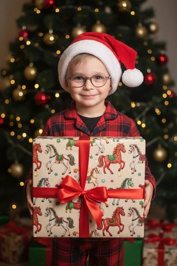 Используйте отправленную мной фотографию в качестве референса. Камера снимается немного выше уровня глаз, глядя прямо на модель, охватывая от середины груди и выше.  На изображении человек держит подарочную коробку  (размер 50х500х50 сантиметров) с крышкой, перевязанную красной лентой. На коробке нарисованные игрушечные лошадки. На фоне размытая рождественская или новогодняя елка. Лицо в три четверти (3/4), Модель в красной пижамной рубашке в клетку. Смотрит в камеру с легкой улыбкой, как будто предвкушая открыть свой подарок. 

Освещение выполнено по принципу софтбокса, но с более сильным, концентрированным основным светом для создания интенсивного свечения, сохраняя при этом мягкие тени, которые подчёркивают черты лица человека. 
Гиперреалистичная детализация, передающая каждый нюанс красоты, выражения лица и сложную текстуру волос, кожи и одежды. Атмосфера новогоднего праздника.  На голове у ребенка рождественский красный колпак с белым помпоном на конце, колпак надет почти на макушке, видны передние волосы  