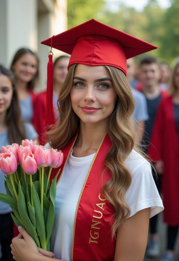 Девушка с красной лентой 'Выпускник' и букетом тюльпанов стоит на фоне школьного двора, её взгляд мечтательный. Позади — одноклассники, улыбающиеся учителя. Крупный план.