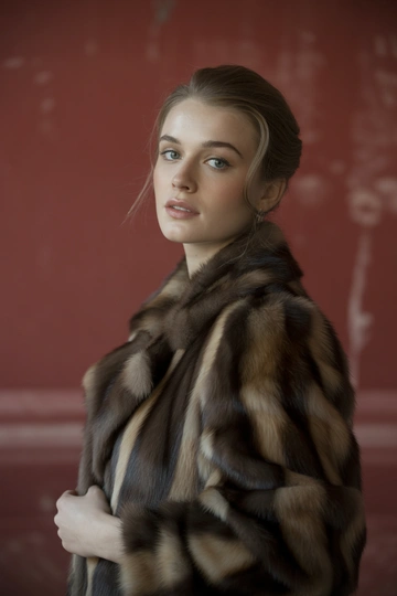 Женщина в студии на красном фоне в элегантной соболиной шубе классического фасона, мех глубокого шоколадного оттенка, пышный воротник. Стоит в полоборота, уверенно смотрит в камеру, гламурный макияж, распущенные волосы, стиль ретро-журнала подчеркивает благородство образа.