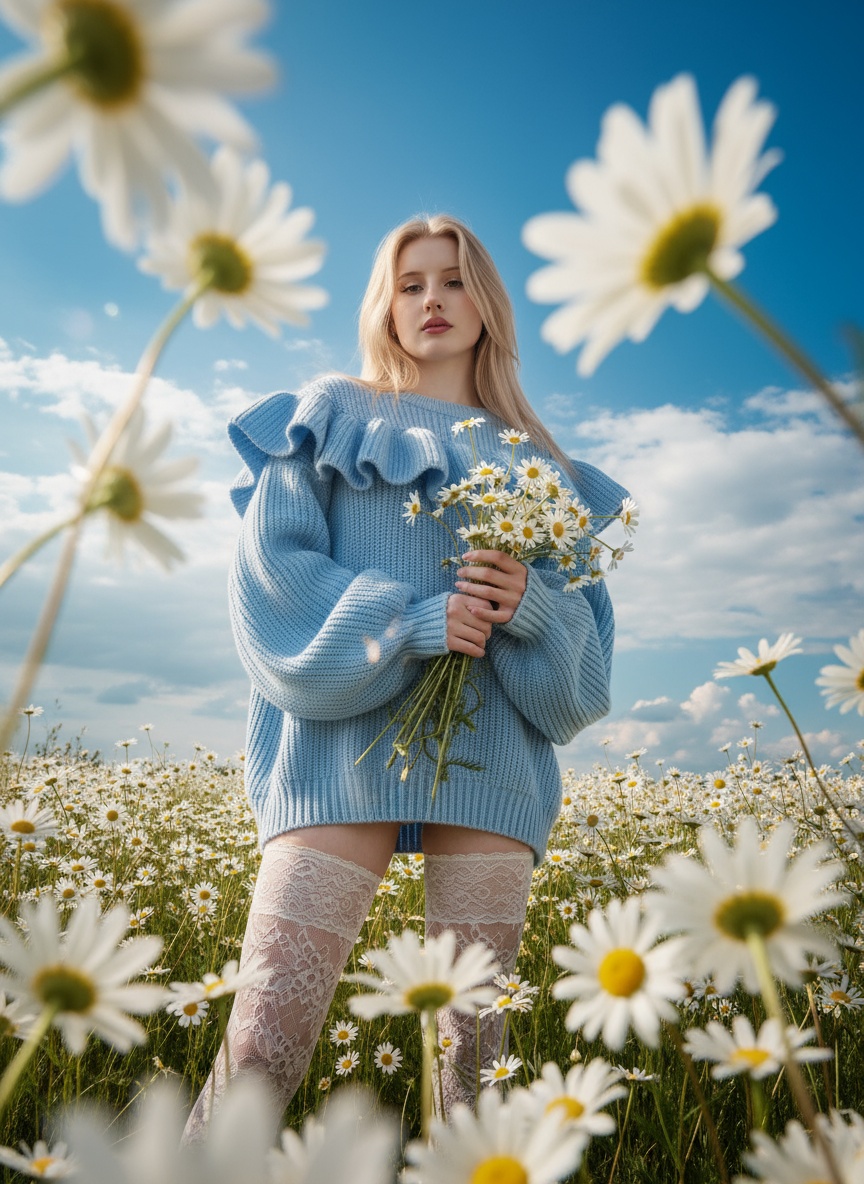   High-fashion editorial photograph, shot from an extreme low angle through clusters of wild daisies in the foreground, with blurred stems and petals framing the lens in an artistic composition. She wears a voluminous, oversized light-blue ruffled sweater styled as a statement piece, paired with delicate white lace thigh-high stockings, blending romantic softness with bold modern fashion. In her hands, she holds a bouquet of fresh daisies, the florals echoing the field around her. The meadow stretches out in the background—dense white daisies swaying beneath a vivid azure sky painted with glowing clouds. Lighting is natural but styled to feel editorial: bright daylight softened by foreground blooms, producing ethereal flares, airy haze, and sculpted shadows that flatter her figure. The image feels intentional and artistic, with elegant framing, crisp details, and painterly tones. A dreamy yet sophisticated visual, balancing the organic beauty of nature with couture styling. Captured on Leica SL2 + APO-Summicron-SL 90mm f/2, ISO 100, f/2, 1/250 sec. Vertical 9:16 aspect ratio. Don’t chance the face.