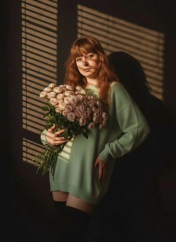 ОЛОДАЯ ЖЕНЩИНА СТОИТ, СЛЕГКА ПРИСЛОНИВШИСЬ К СТЕНЕ. ВОЛОСЫ ВОЛНИСТЫЕ СЛЕГКА ВЗЪЕРОШЕНЫ. ОНА ОДЕТА В УДЛИНЕННЫЙ ОВЕРСАЙЗ СВОБОДНЫЙ НЕЖНО зеленого цвета СВИТЕР. ВЫСОКИЕ черные ВЯЗАННЫЕ ГОЛЬФЫ.
В РУКАХ ОГРОМНЫЙ БУКЕТ ИЗ НЕЖНО РОЗОВЫХ - БЕЛЫХ КУСТОВЫХ МАЛЕНЬКИХ РОЗОЧЕК. ОСВЕЩЕНИЕ МЯГКОЕ ДРАМАТИЧНОЕ. ПРОНИКАЯ ЧЕРЕЗ ГОРИЗОНТАЛЬНЫЕ ( ЖАЛЮЗИ, ОТБРАСЫВАЯ ТЕНЕВЫЕ ПОЛОСЫ НА ЕЁ ЛИЦО И ФОН. СЦЕНА ИМЕЕТ ТЕПЛЫЙ ТОН С ВЫСОКОКОНТРАСТНЫМИ ТЕНЯМИ. ФОН ТЕМНЫЙ. И ТЕНИ ЗАМЕТНЫ, ОСОБЕННО СИЛУЭТ ЕЁ ГОЛОВЫ НА СТЕНЕ. ВЫРАЖЕНИЕ ЛИЦА НЕ ИЗМЕНЯТЬ, КИНЕМАТОГРАФИЧЕСКОЕ, МИНИМАЛИСТИЧНЫЙ СОВРЕМЕННЫЙ ПОРТРЕТНЫЙ СТИЛЬ, ФОТО В ВЫСОКОМ РАЗРЕШЕНИИ МЯГКИЕ ТЕКСТУРЫ, ХУДОЖЕСТВЕННОЕ ОСВЕЩЕНИЕ, НЕ МЕНЯЙ ЧЕРТЫ ЛИЦА