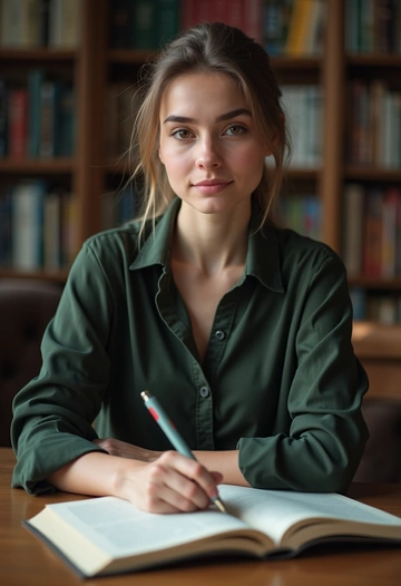 Женщина учительница сидит у школьной библиотеки с открытой книгой, слегка наклонив голову к камере. Её образ — мягкий, интеллигентный. Позади стеллажи и приглушённый свет. Крупный план, создающий атмосферу тишины и уюта.
