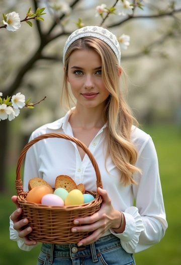 Женщина в светлой одежде и косынке стоит в цветущем саду, её руки держат корзинку с куличом и крашеными яйцами. Она смотрит прямо в камеру, её лицо освещает утренний солнечный свет. Позади яблоневые деревья в белоснежном цвету. Крупный план, подчёркивающий весеннее пробуждение и чистоту праздника.