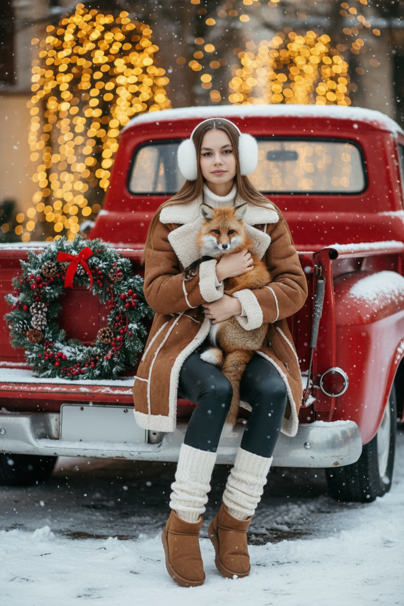 Портрет молодой женщины, сидящей на кузове винтажного красного грузовика. Девушка держит на руках животное. На ней коричневая дубленка с белой окантовкой из овчины по воротнику, манжетам и карманам, под дубленкой белый свитер с горловиной, черные лосины тканевые без блеска, на ногах укороченные, высотой до щиколоток коричнево-бежевые угги на платформе и кремовые гетры до середины икр, выглядывающие из уггов. 
Девушка смотрит в камеру, на ее лице легкая улыбка. 

На грузовике — праздничный рождественский венок. На земле лежит снег.

Мягкий снег падает. Атмосфера — реалистичная, теплая и немного кинематографичная. Сияющие рождественские огоньки и украшения создают яркую теплую атмосферу. Разрешение 8K, акцент на текстуру одежды, снег и сверкающие огоньки на заднем фоне. —ar 3:4 —v.

Не меняй черты лица.  На голове девушки белые зимние меховые наушники. Держит на руках рыжую лису