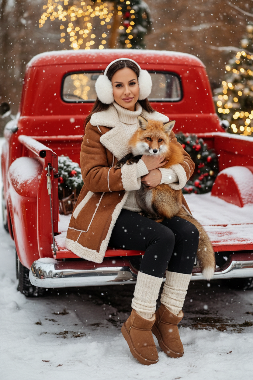 Портрет молодой женщины, сидящей на кузове винтажного красного грузовика. Девушка держит на руках животное. На ней коричневая дубленка с белой окантовкой из овчины по воротнику, манжетам и карманам, под дубленкой белый свитер с горловиной, черные лосины тканевые без блеска, на ногах укороченные, высотой до щиколоток коричнево-бежевые угги на платформе и кремовые гетры до середины икр, выглядывающие из уггов. 
Девушка смотрит в камеру, на ее лице легкая улыбка. 

На грузовике — праздничный рождественский венок. На земле лежит снег.

Мягкий снег падает. Атмосфера — реалистичная, теплая и немного кинематографичная. Сияющие рождественские огоньки и украшения создают яркую теплую атмосферу. Разрешение 8K, акцент на текстуру одежды, снег и сверкающие огоньки на заднем фоне. —ar 3:4 —v.

Не меняй черты лица.  На голове девушки белые зимние меховые наушники. Держит на руках рыжую лису