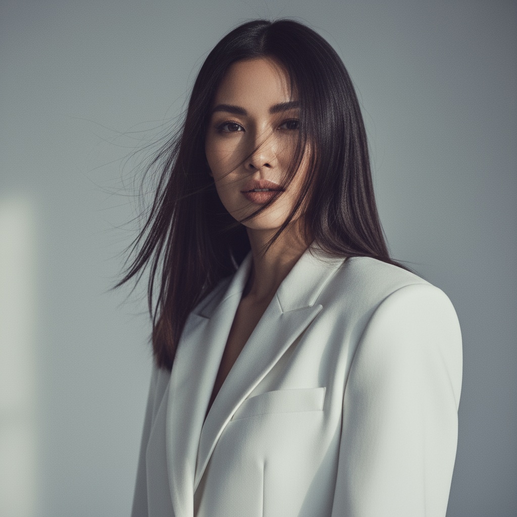  Гиперреалистичная модная фотография, портретом крупным планом,элегантная женщина-, прямыми слегка развивающими на ветру волосами, 
, в негабаритном структурированном белом  пиджаке, фото портретом, уверенная позиция, минималистский чистый студийный фон  с мягким нейтральным освещением, , изысканная авангардная редакционная атмосфера, современный стиль журнала, 85-миллиметровый объектив f/2.0, средний формат --p cz2pqao