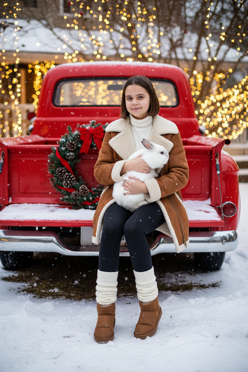 Портрет молодой женщины, сидящей на кузове винтажного красного грузовика. Девушка держит на руках животное. На ней коричневая дубленка с белой окантовкой из овчины по воротнику, манжетам и карманам, под дубленкой белый свитер с горловиной, черные лосины тканевые без блеска, на ногах укороченные, высотой до щиколоток коричнево-бежевые угги на платформе и кремовые гетры до середины икр, выглядывающие из уггов. 
Девушка смотрит в камеру, на ее лице легкая улыбка. 

На грузовике — праздничный рождественский венок. На земле лежит снег.

Мягкий снег падает. Атмосфера — реалистичная, теплая и немного кинематографичная. Сияющие рождественские огоньки и украшения создают яркую теплую атмосферу. Разрешение 8K, акцент на текстуру одежды, снег и сверкающие огоньки на заднем фоне. —ar 3:4 —v.

Не меняй черты лица.  Держит на руках белого кролика