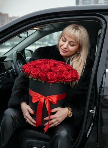 Не меняя внешности женщины с фото, кадр передает теплый момент на фоне городского зимнего пейзажа за окном авто. Женщина легко сидит в водительском кресле черного автомобиля у дверного проема, где мягкий дневной свет освещает интерьер и блестящие черные  кожаные брюки. Обволакивающая фигуру темная пушистая шуба добавляет уют и роскошь, контрастируя с глянцем брюк. Женщина слегка наклонена вниз с нежной улыбкой, прижимая к себе огромное черное цилиндрическое ведро с ярко алыми розами, обвязанное красной лентой с бантом. Забота проявляется в удерживании букета обеими руками: на одной видны изящное кольцо и массивные золотые блестящие часы. Волосы густые, прямые,челка как на фото, контрастируют с загорелой  кожей, добавляя элегантность. Внимание сосредоточено на эмоциональной связи с тем цветами, ярком акценте композиции. Внутреннее пространство авто с кожаными и пластиковыми деталями строгое и современное, создавая баланс тепла и городского стиля, придавая сцена кинематографическую глубину и загадочность. Свет мягкий, рассеянный с приглушенными тенями, подчеркивает фактуру одежды и свежесть лепестков, передавая атмосферу спокойствия и наслаждения. Композиция ведет взгляд от букета к лицу женщины в нежных пенумбрах, создавая динамику и гармонию. Фотореалистично, высокая детализация, качество, разрешение  4К.черты лица не меняй