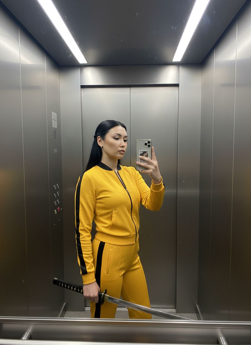 Кинематографичный кадр женщины в костюме Невесты из «Убить Билла», снятый в металлическом лифте. Жёлтый комбинезон с чёрными полосами, катана в руке, спокойное, но решительное выражение лица. Свет холодных ламп отражается от стен. Она стоит вполоборота и делает фото в зеркале лифта на iPhone. Реалистичный повседневный снимок.