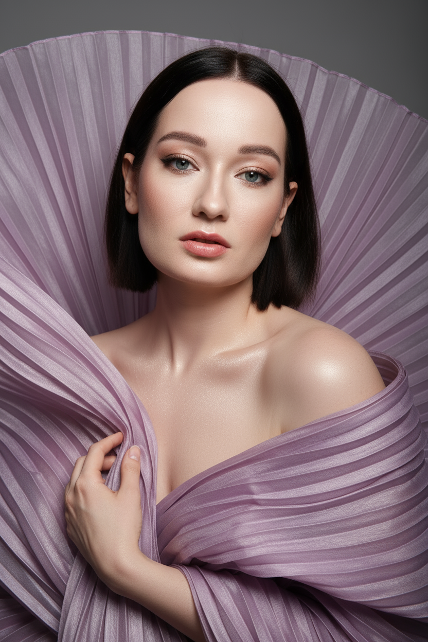    Создайте гиперреалистичный профессиональный студийный портрет женщины с волосами, уложенными на ровный пробор посередине, которые каскадом ниспадают на левое плечо (справа от зрителя) и частично скрыты за правым плечом (слева от зрителя). Камера снимается с немного низкого уровня глаз, глядя прямо на модель, охватывая ее от середины груди и выше. Голова слегка наклонена, взгляд прямой и притягательный.
Ее кожа безупречно гладкая и интенсивно сияет, словно подсвеченная мощным, сфокусированным источником света, подчеркивая мельчайшие поры и естественную текстуру кожи с сияющим, почти воздушным свечением, особенно в области декольте, плеч и верхних линий лица.

Её макияж тщательно проработан:
Глаза: чётко очерченные, ухоженные брови с заметными волосками, мягкие тени тёплых тонов (персиково-розовые и светло-коричневые) с лёгким мерцанием, чёткая чёрная подводка для глаз, создающая нежный кошачий взгляд, и идеально распущенные, объёмные ресницы, подчеркивающие каждую ресничку, с лёгким акцентом на нижних ресницах. Во внутреннем уголке глаза выделяется яркий блик. Радужки глаз отражают рассеянный студийный свет с изысканными узорами.
Щёки: лёгкий, растушёванный румянец натурального розового или персикового оттенка, изящно очерченные скулы и интенсивный, почти влажный блик на выступающих частях лица (скулы, переносица, дуга Купидона), создающий эффект увлажненности и сияния. Губы: губы нежного, естественного кораллово-розового или розово-персикового цвета с мягким атласным финишем, подчеркивающим тонкие естественные линии и текстуру губ, с лёгким бликом на дуге Купидона.

Она изящно одета в объёмную, струящуюся ткань с изящной плиссировкой, напоминающую прозрачный атлас или шёлк. Плиссированная ткань эффектно обрамляет фигуру, создавая объёмную, почти органичную форму, которая высоко поднимается за головой и огибает левое плечо (правое для зрителя), изящно струясь по груди и открывая обнажённые плечи. Материал обладает лёгким, сияющим блеском и мягкой полупрозрачностью, улавливая и отражая студийный свет, подчёркивая его роскошную текстуру и плавные движения. Складки очень детализированы, создавая глубокие тени и яркие блики, которые подчёркивают волнистую форму, а некоторые участки ткани также демонстрируют повышенную светоотражающую способность. Её правая рука (левая для зрителя) нежно касается ткани у груди, на ней видны ухоженные ногти. Освещение выполнено по принципу софтбокса, но с более сильным, концентрированным основным светом для создания интенсивного свечения, сохраняя при этом мягкие тени, которые подчёркивают черты её лица и изгибы плеч без резкости. Фон — гладкий, однотонный средне-серый, обеспечивающий чистый контраст и полностью фокусирующийся на модели. Общее впечатление — утончённая элегантность, изящество и гиперреалистичная детализация, передающая каждый нюанс её красоты, выражения лица и сложную текстуру её волос, кожи и одежды. Черты лица и особенности её внешности должны быть точно воспроизведены с референсной фотографии. Плиссированная ткань пыльно-лавандового цвета 