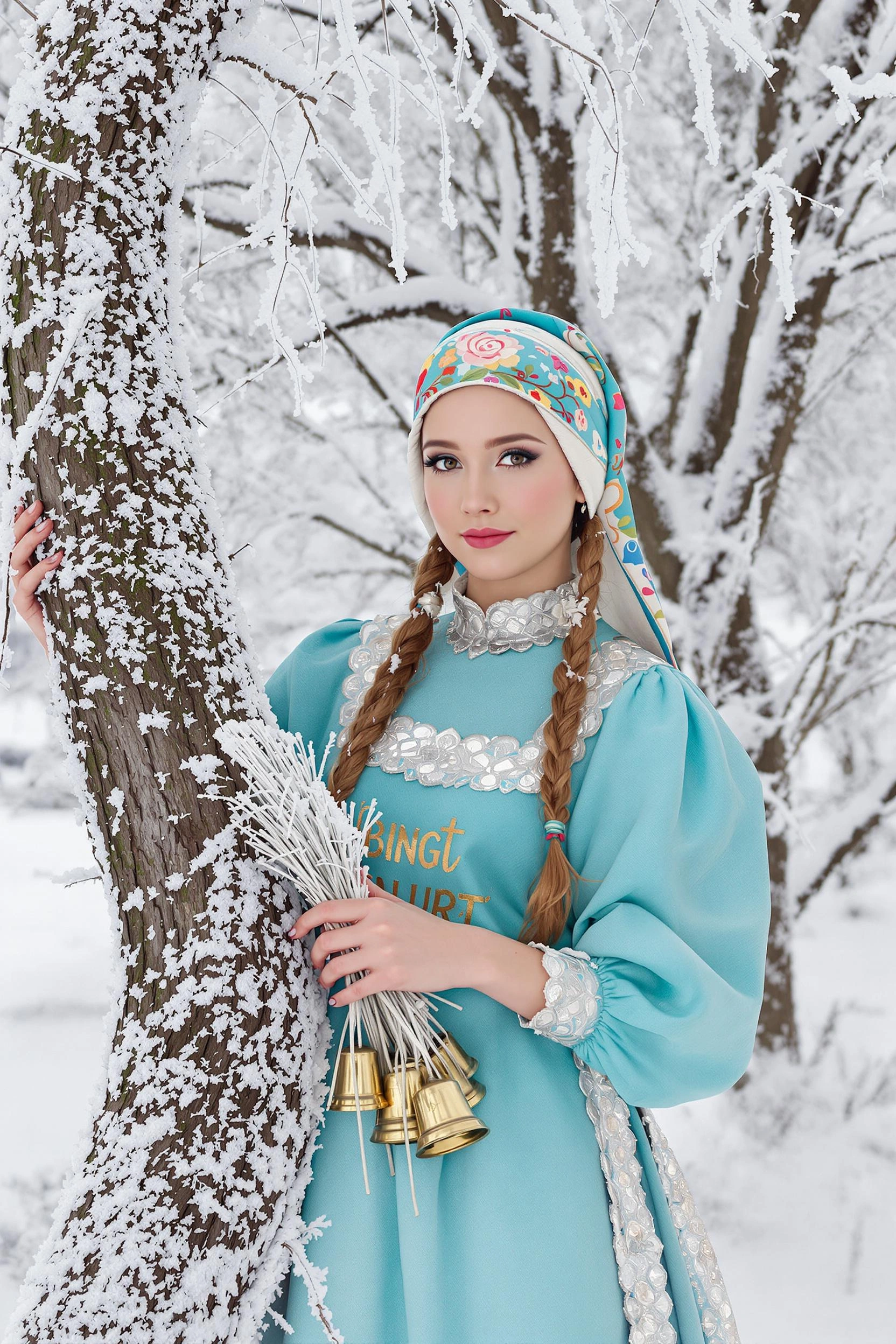 Девушка в бирюзовом сарафане с серебряной отделкой и расписной платочной повязке стоит у изогнутого дерева, покрытого инеем, держит в руках связку колокольчиков, смотрит прямо в камеру, вокруг воздушные снежинки и морозная дымка.