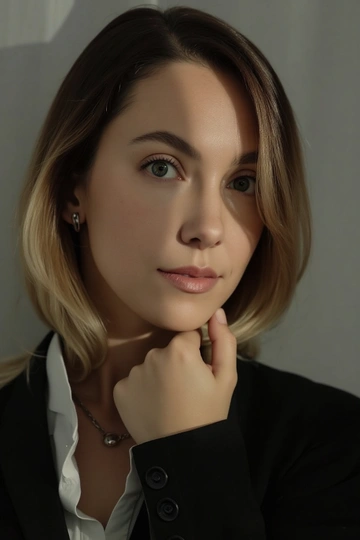 На снимке изображен мужчина. Его голова слегка наклонена, взгляд направлен прямо. Одна рука приподнята и касается подбородка. Часть лица находится в тени. На мужчине надет пиджак темного цвета. Свет падает сбоку.