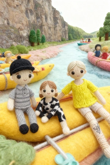 Используя загруженное изображение в качестве основы, создайте произведение искусства из ниток своими руками — диораму из пряжи и фетра. Макросъёмка, мягкий рассеянный свет, пастельная палитра, высокая детализация волокон и стежков, уютная, сказочная атмосфера и слегка уменьшенный масштаб, как в диораме. Если на фото изображены люди - изобрази их в стиле вязаных человечков с глазами-пуговицами.