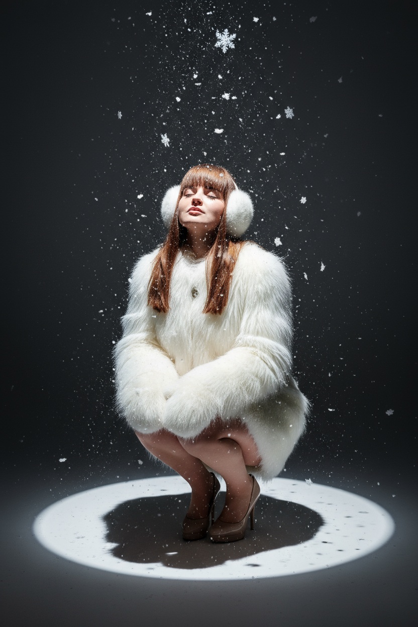 Создай ультрареалистичный студийный зимний портрет женщины (используй загруженное фото как точную визуальную основу, не изменяй черты лица, выражение, цвет кожи, глаз, бровей, губ и волос). Женщина сидит на корточках в центре кадра, на фоне тёмной студии с мягким направленным светом сверху. Вокруг падают крупные и мелкие хлопья снега, замороженные в движении. На ней объёмная белая пушистая шуба с длинным мехом, большие белые меховые варежки и наушники. Ноги обнажены, на ней бежевые туфли на шпильке. Голова чуть запрокинута вверх, глаза закрыты, лицо расслаблено, выражение спокойное и мечтательное - будто она ловит снежинки. Освещение контрастное: яркий круг света на полу под ней и глубокая тень позади. Снег подсвечен и искрится. Атмосфера - зимняя, модная, волшебная, с ощущением тишины и снежного воздуха.