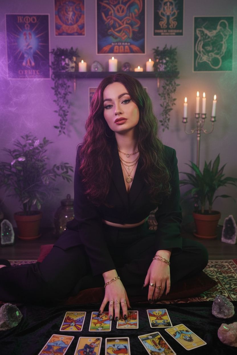 Вертикальное изображение в эстетике Y2K с мистической атмосферой. Большая тёмная комната с мягким фиолетовым и зелёным светом на фоне, на стенах постеры, свечи, растения и кристаллы. В воздухе дым и аромат благовоний. Женщина с натуральным макияжем, длинными ресницами, блеском для губ и длинным тёмно-коричневым волнистым париком. На ней тёмный костюм из двух частей, золотые украшения и длинные ногти. Она сидит, проводя расклад Таро, слегка повернувшись к камере. Сохранять черты лица без изменений. Атмосфера загадочная и реалистичная.