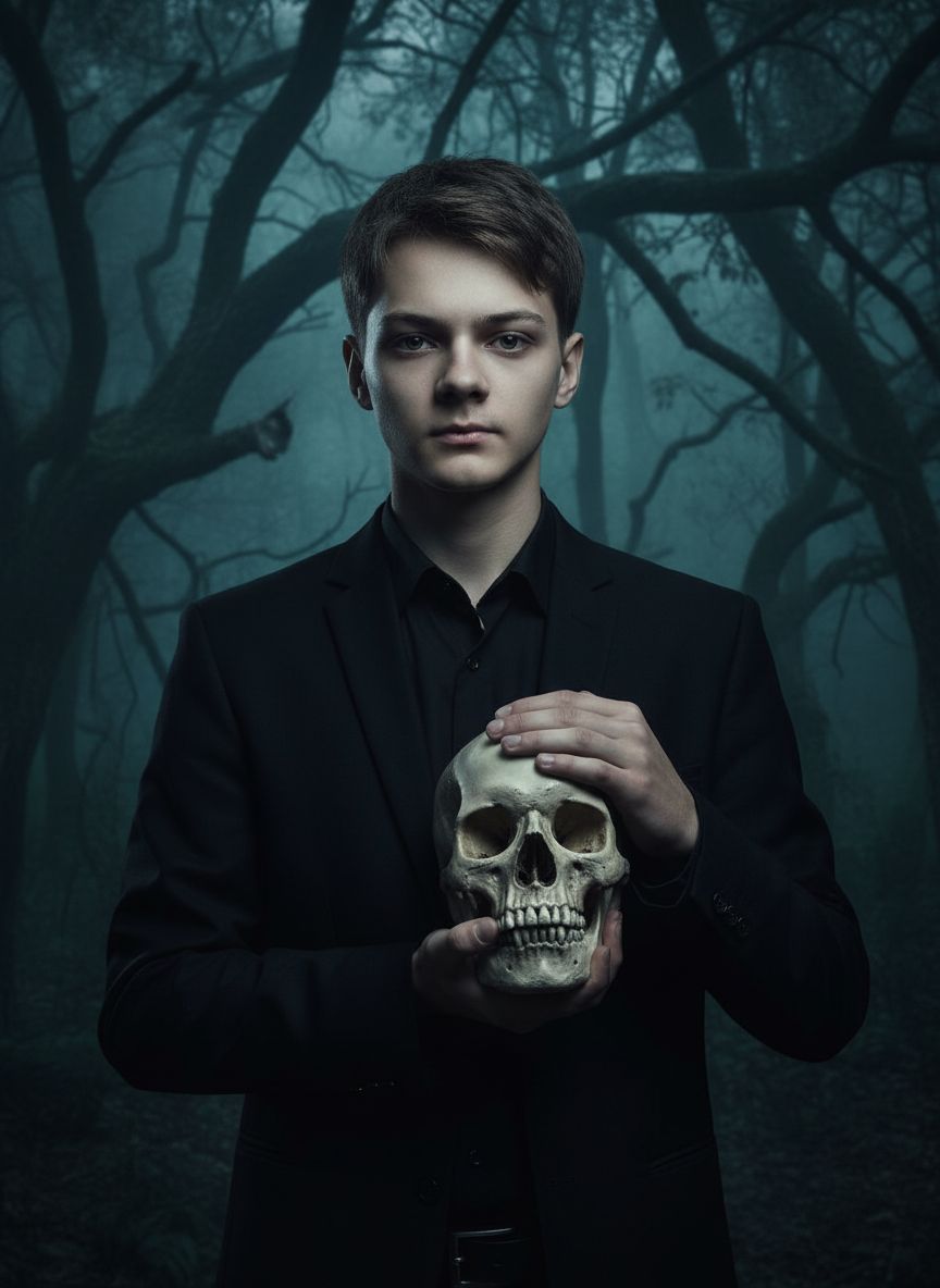 Мрачный готический портрет. Крупный план. Мужчина в чёрной рубашке и строгом пиджаке держит в руках человеческий череп, позирует спокойно и уверенно. Фон лесной, в тёмно-зелёных тонах. Атмосфера меланхоличная, элегантная, кинематографичная.