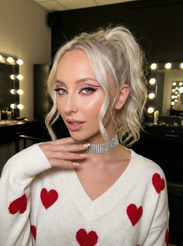   
Фотореалистичный кинематографический экстремальный крупный план портрета, вертикальное изображение 2:3, рука у шеи. Маникюр френч овал. съемка в темном салоне красоты/гримерной. плечи обнажены, на ней  кашемировый свитер с v-образным вырезов белый с принтом красными сердцами. Широкое многорядное бриллиантовое колье-чокер плотно облегает шею, Взгляд игривый и сексуальный. 
небрежная высокая прическа/высокий конский хвост с большим объемом, свободные волнистые пряди по бокам,блондинка холодных тона, слегка растрепанная текстура локон волос падает на лицо. Окружение: мрачный интерьер за кулисами с зеркалами и множеством круглых лампочек, черные шкафы/столешница, темные стены,Фон слегка размыт; естественное освещение создает эффект боке или мягкое свечение.
Освещение и настроение: приглушенное, теплое освещение от ламп накаливания, мягкие тени, высокий контраст, легкая дымка; кинематографическая цветокоррекция (теплые блики, более холодные тени), легкое виньетирование. Внешний вид камеры: ощущение объектива 35–50 мм, малая глубина резкости, средняя зернистость, легкая хроматическая аберрация, непринужденная съемка с рук. Высокая детализация текстур кожи,  одежды,бриллиантов, прядей волос; реалистичная текстура кожи; резкая фокусировка на макияж,Тело и декольте подсвечены хайлайтером  и шимером. Элегантный макияж,  глаза с длинными острыми бордовые двойные изогнутые стрелки, длинные густые ресницы эффект лучики, нижние густо ресницы накрашены розовым  карандашом, Хайлайтер во внутренних уголках и скулах. Пухлые губы слегка приоткрыты в легкой ухмылке в легком блеске.