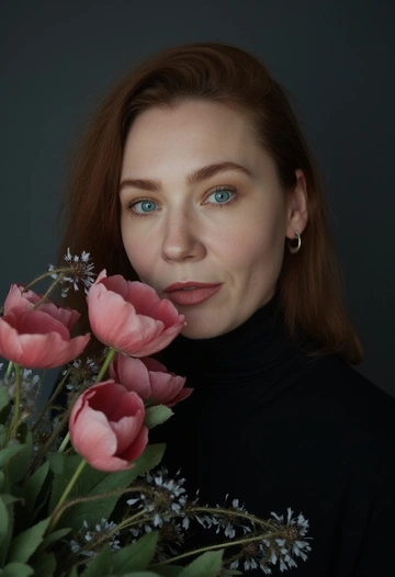 На фотографии изображена женщина. Свет падает на её лицо мягко, создавая нежные тени и подчёркивая текстуру кожи. Женщина одета в тёмную одежду, которая контрастирует с нежностью цветов и её светлой кожей. Атмосфера снимка интимная, спокойная и немного таинственная, благодаря мягкому освещению, темно-серомц фону и нежным цветам, которые обрамляют лицо. Поза женщины естественная и расслабленная. Общее впечатление – нежность, красота и умиротворение. Её лицо частично скрыто нежно-розовыми маками. Она смотрит немного в камеру, её взгляд задумчив и немного меланхоличен.