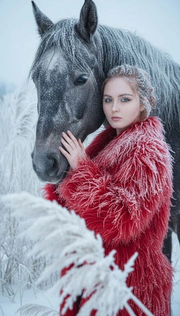 Сгенерируй гиперреалистичную фотографию, основанную на предоставленном референсном изображении. КЛЮЧЕВОЕ УСЛОВИЕ: СОХРАНИТЬ АНАТОМИЧЕСКИЕ ЧЕРТЫ ЛИЦА (ФОРМУ ГЛАЗ, НОСА, ГУБ, ПОДБОРОДКА, СКУЛ) И ФОРМУ ПРИЧЕСКИ (ВОЛОСЫ РАСПУЩЕННЫЕ) С РЕФЕРЕНСНОГО ФОТО БЕЗ ИЗМЕНЕНИЙ. ПОСТАРАТЬСЯ СОХРАНИТЬ ИСХОДНЫЙ МАКИЯЖ НАСТОЛЬКО, НАСКОЛЬКО ЭТО ВОЗМОЖНО, ПРИМЕНИВ ЛЕГКИЙ ЭФФЕКТ ИНЕЯ. Дополнительные детали: Эффекты: Густой налет инея и снега на ресницах, волосах и отдельных участках кожи лица. Обильный слой снега на красной шубке. Одежда: Женщина одета в удлиненную пушистую красную шубку из страуса. Поза и композиция: Портретная съемка до пояса. Расслабленная поза, схожая с референсным фото. Женщина стоит рядом с шикарным темно-серым конем с гривой в инее. Женщина гладит гриву коня, ее рука прижимается к морде коня.Лицо девушки и взгляд обращены в камеру, но при этом ощущается ее близость и контакт с конем. Фон: Холодный, полностью белый иней и снег. На переднем плане, вне фокуса, большой белый ковыль в инее. На заднем плане высокий белый ковыль. Отсутствие любых коричневых или теплых оттенков на фоне. Освещение: Мягкий, диффузный холодный свет под углом 45° слева или справа. Легкое заполнение справа/снизу для смягчения теней на шее и ключевых зонах. Акцент на контурах шеи и волос с помощью фонового источника света. Тонкий глянец на волосах или световой отражатель над головой для дополнительного сияния.