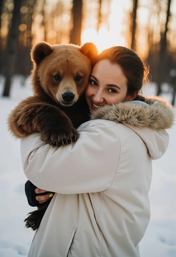 Женщина в белом пуховике с меховой отделкой обнимает бурого медведя за шею, её лицо видно крупным планом, улыбка искренняя. На её руках тёплые варежки, а дыхание заметно в холодном воздухе. Позади снежный лес, солнце пробивается сквозь ветви, создавая эффект мягкого свечения.