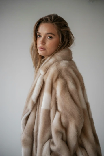 Женщина в студии на светлом фоне в длинной норковой шубе оттенка шампань, играет свет в густом благородном мехе, стоя вполоборота и уверенно глядя в камеру. На лице естественный макияж, распущенные волосы, ретро-атмосфера создаёт ощущение шикарной журнальной съемки.