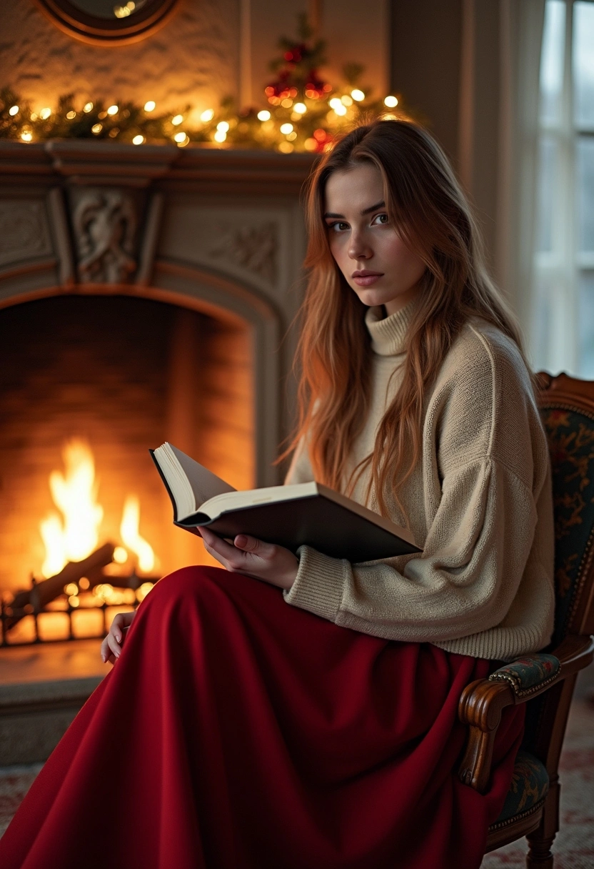Женщина в длинной юбке и праздничной кофте сидит у камина с книжкой, смотрит в камеру, вокруг огоньки и декор