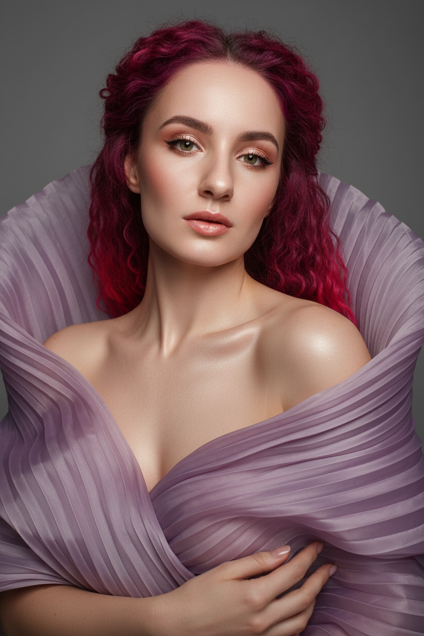    Создайте гиперреалистичный профессиональный студийный портрет женщины с волосами, уложенными на ровный пробор посередине, которые каскадом ниспадают на левое плечо (справа от зрителя) и частично скрыты за правым плечом (слева от зрителя). Камера снимается с немного низкого уровня глаз, глядя прямо на модель, охватывая ее от середины груди и выше. Голова слегка наклонена, взгляд прямой и притягательный.
Ее кожа безупречно гладкая и интенсивно сияет, словно подсвеченная мощным, сфокусированным источником света, подчеркивая мельчайшие поры и естественную текстуру кожи с сияющим, почти воздушным свечением, особенно в области декольте, плеч и верхних линий лица.

Её макияж тщательно проработан:
Глаза: чётко очерченные, ухоженные брови с заметными волосками, мягкие тени тёплых тонов (персиково-розовые и светло-коричневые) с лёгким мерцанием, чёткая чёрная подводка для глаз, создающая нежный кошачий взгляд, и идеально распущенные, объёмные ресницы, подчеркивающие каждую ресничку, с лёгким акцентом на нижних ресницах. Во внутреннем уголке глаза выделяется яркий блик. Радужки глаз отражают рассеянный студийный свет с изысканными узорами.
Щёки: лёгкий, растушёванный румянец натурального розового или персикового оттенка, изящно очерченные скулы и интенсивный, почти влажный блик на выступающих частях лица (скулы, переносица, дуга Купидона), создающий эффект увлажненности и сияния. Губы: губы нежного, естественного кораллово-розового или розово-персикового цвета с мягким атласным финишем, подчеркивающим тонкие естественные линии и текстуру губ, с лёгким бликом на дуге Купидона.

Она изящно одета в объёмную, струящуюся ткань с изящной плиссировкой, напоминающую прозрачный атлас или шёлк. Плиссированная ткань эффектно обрамляет фигуру, создавая объёмную, почти органичную форму, которая высоко поднимается за головой и огибает левое плечо (правое для зрителя), изящно струясь по груди и открывая обнажённые плечи. Материал обладает лёгким, сияющим блеском и мягкой полупрозрачностью, улавливая и отражая студийный свет, подчёркивая его роскошную текстуру и плавные движения. Складки очень детализированы, создавая глубокие тени и яркие блики, которые подчёркивают волнистую форму, а некоторые участки ткани также демонстрируют повышенную светоотражающую способность. Её правая рука (левая для зрителя) нежно касается ткани у груди, на ней видны ухоженные ногти. Освещение выполнено по принципу софтбокса, но с более сильным, концентрированным основным светом для создания интенсивного свечения, сохраняя при этом мягкие тени, которые подчёркивают черты её лица и изгибы плеч без резкости. Фон — гладкий, однотонный средне-серый, обеспечивающий чистый контраст и полностью фокусирующийся на модели. Общее впечатление — утончённая элегантность, изящество и гиперреалистичная детализация, передающая каждый нюанс её красоты, выражения лица и сложную текстуру её волос, кожи и одежды. Черты лица и особенности её внешности должны быть точно воспроизведены с референсной фотографии. Плиссированная ткань пыльно-лавандового цвета 