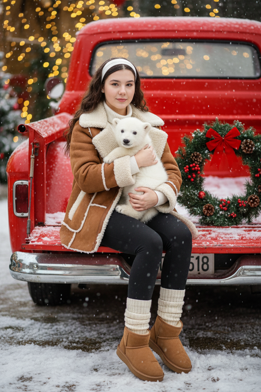 Портрет молодой женщины, сидящей на кузове винтажного красного грузовика. Девушка держит на руках животное. На ней коричневая дубленка с белой окантовкой из овчины по воротнику, манжетам и карманам, под дубленкой белый свитер с горловиной, черные лосины тканевые без блеска, на ногах укороченные, высотой до щиколоток коричнево-бежевые угги на платформе и кремовые гетры до середины икр, выглядывающие из уггов. 
Девушка смотрит в камеру, на ее лице легкая улыбка. 

На грузовике — праздничный рождественский венок. На земле лежит снег.

Мягкий снег падает. Атмосфера — реалистичная, теплая и немного кинематографичная. Сияющие рождественские огоньки и украшения создают яркую теплую атмосферу. Разрешение 8K, акцент на текстуру одежды, снег и сверкающие огоньки на заднем фоне. —ar 3:4 —v.

Не меняй черты лица.  На голове девушки белая повязка. Держит на руках белого медвежонка