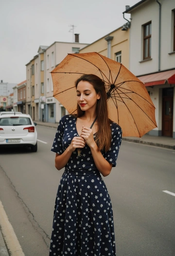 На фотографии изображена молодая женщина в элегантном винтажном платье 40-х годов. Платье тёмно-синего цвета с белым цветочным принтом, подчеркивающее её фигуру. У неё аккуратные волны, уложенные на одну сторону, а губы окрашены в яркий красный цвет. Женщина стоит на улице, придерживаясь за старинный зонт, который открывает светлый фон. Свет на фотографии мягкий, создающий атмосферу романтики и ностальгии. Вокруг — старинные здания, оформленные в стиле ар-деко, что придаёт снимку атмосферу времени.