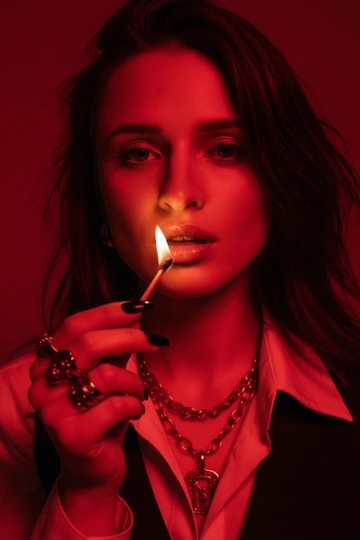 Используйте черты лица, как на прилагаемой фотографии.
смелый, кинематографичный портрет женщины, залитой темно-красным светом, которая подносит к губам зажженную спичку. Теплый отблеск пламени подчеркивает ее блестящие губы и создает эффектный отблеск на коже.
ее выражение ее лица напряженное и пленительное, обрамленное взъерошенными волосами, которые свободно ниспадают на лицо. На ней светлая рубашка и многослойные украшения, в том числе металлическая цепочка и крупные кольца. На ее длинных черных ногтях отражаются едва заметные блики света, усиливая мрачную, чувственную атмосферу. Красный фон и сдержанные тени придают глубину и визуальное напряжение, создавая эффектный образ в редакционном стиле.

Настройки камеры: iso 400, диафрагма f/2.0, выдержка затвора 1/160 сек, объектив 85 мм, ручная фокусировка, баланс белого 2800k, коррекция экспозиции -0,3 ev, подсветка одиночным пламенем с красной заливкой, минимальная зернистость, кинематографическое высококонтрастное освещение с плавными тональными переходами.