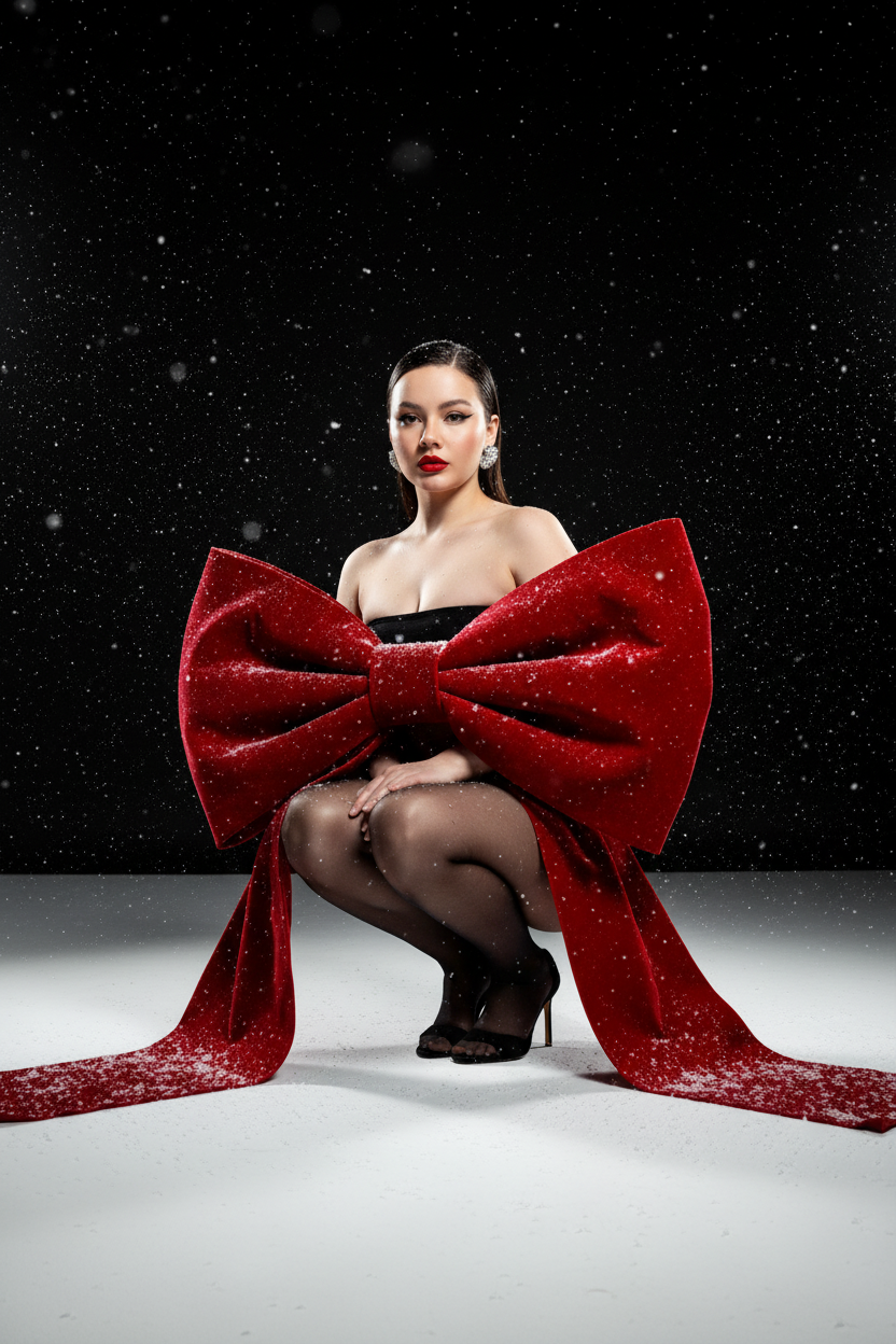 Создай изображение не меняя черты лица. Студийный портрет в стиле рождественской/новогодней модной кампании. Я в элегантной, присевшей позе, взгляд сфокусирован прямо в камеру. Огромный, гипертрофированно большой, роскошный бант из красного бархата, который обернут вокруг тела модели как кутюрный элемент одежды  с очень длинными, широкими ниспадающими концами, которые тянутся по полу. Бант и белый пол покрыты имитацией снега. Минималистичный черный топ без бретелей (bandeau) ,темные, полупрозрачные колготки, черные босоножки с открытым носом, на среднем каблуке. Гладко зачесанные назад волосы. Классический, выразительный макияж: яркая алая помада, четкие черные стрелки, хайлайтер. В ушах крупные, блестящие серьги-гвоздики.

Драматичное, контрастное студийное освещение (split lighting). Ярко освещенный белый пол/поверхность. Фон — глубокий черный, с эффектом динамично падающего яркого снега (snow dust effect).Фотография в высоком разрешении, гиперреализм, кинематографическое качество, профессиональный editorial-снимок для обложки Vogue, снято на камеру Hasselblad.