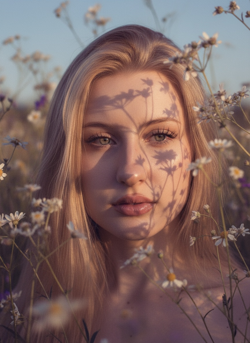  create a portrait image of my face.compositional portrait dreamy floral gaze golden hour cinematik close ip of me filtred sunlight through wildflowers casting intricate shadows on skin.soft film grain muted violet palette.85mm lens f/1.4 sharp skin texture,subtle freckles,glossy lips,delicate bokeh zero over