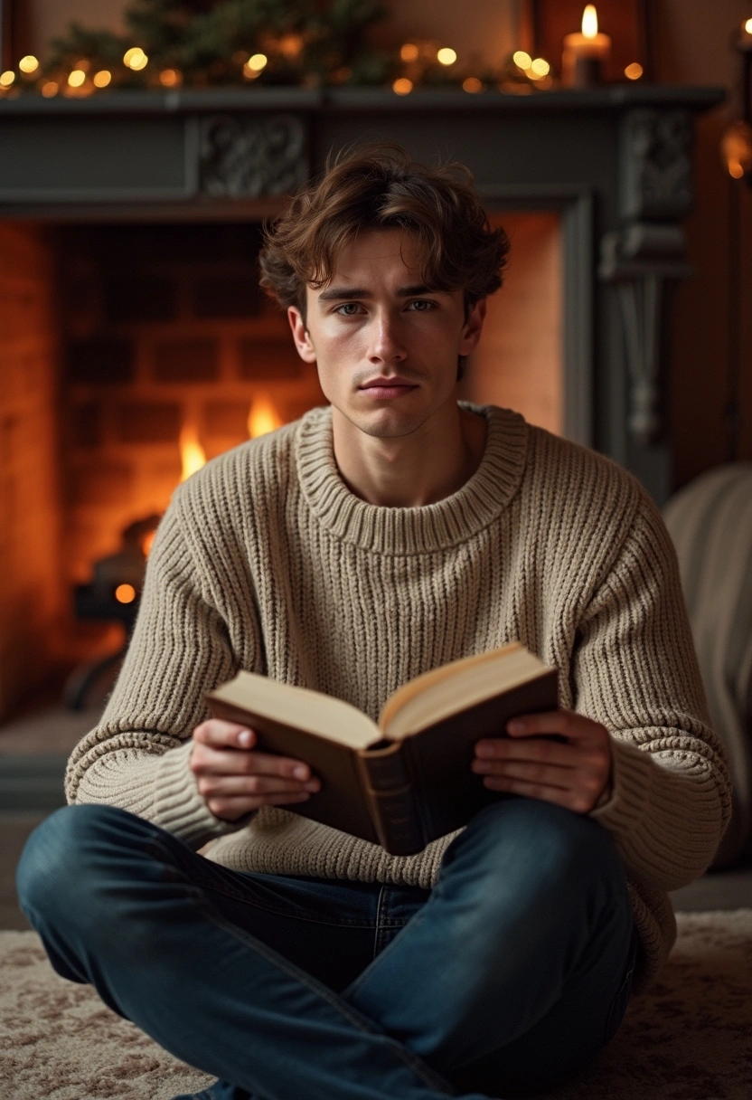 Мужчина в тёплом свитере сидит перед камином с книгой в руках, он смотрит прямо в камеру, создавая уютную атмосферу.