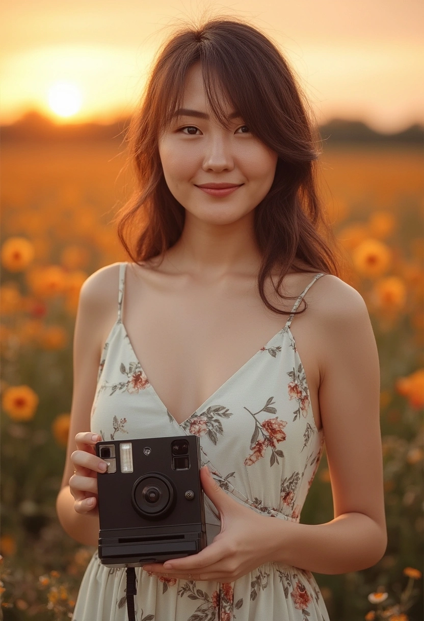 Жеңіл гүлді көйлек киген қыз күнбатыста гүлзарда тұр. Ол қолындағы полароид камерасын ұстаған күйі камераға күлімсіреп қарап тұр. Артында алтын түсті аспан күмбезі мен шөптер көрінеді, барлығы жылы фон құрайды.