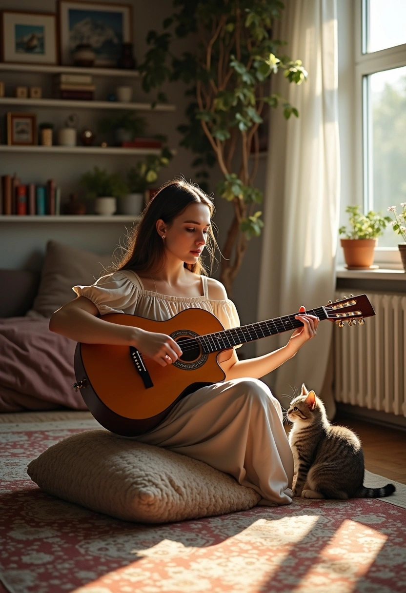 Женщина в платье играет на гитаре, а кот её внимательно слушает, сидя на ковре у её ног. Вокруг — уютная комната с книгами и мягкими подушками, светлое утро.