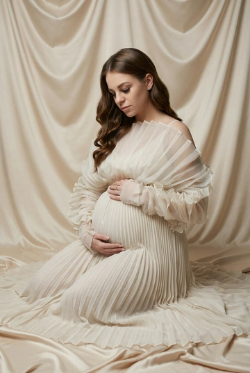 Студийная фотосессия беременной женщины. Не меняй ее черты лица, комплекцию, цвет волос и стрижку. На ней элегантное светлое платье в пол из полупрозрачного шифона молочного оттенка, с драпированным лифом и объёмными рукавами с мягкими воланами. Юбка плиссированная, подчёркивает силуэт и округлый живот. Макияж естественный, профессиональный: ровный тон кожи, выразительные глаза. У женщины профессиональная укладка - мягкие глянцевые волны.. Минималистичные украшения — маленькие серьги. Минималистичная и современная эстетика. Высокое качество, реалистичная профессиональная фотография, стиль fine art maternity portrait, чистая композиция, акцент на женственность и ожидание. Женщина сидит на полу, обнимая живот двумя руками. Свет подчёркивает форму силуэта и складки ткани. Взгляд направлен вниз, эмоционально сдержанный портрет. Фон — художественная студийная декорация из драпированной атласной ткани тёплого кремово-бежевого оттенка. Мягкие складки ткани формируют объёмный фон и текстильную поверхность под ногами, создавая цельное, пластичное пространство без отвлекающих деталей. Фон подчёркивает нежность образа и усиливает ощущение уюта и ожидания.