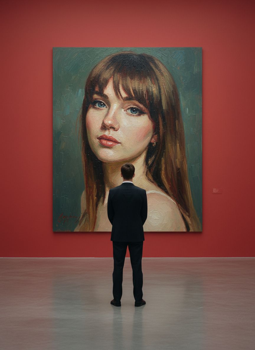 Создай сцену в галерее современного искусства, используй прилагаемое изображение лица и внешности человека, не меняя черты лица. На стене висит большой портрет человека маслом. Её лицо и верхняя часть тела написано в реалистичной, экспрессивной манере масленной живописи с текстурированными мазками и приглушенными цветами. Чистая красная стена галереи создаёт профессиональную атмосферу выставки благодаря мягкому освещению, освещающей произведения искусства. Перед картиной с видом сзади, стоит мужчина рассматривая картину, что придаёт сцену кинематографическое и таинственное настроение.